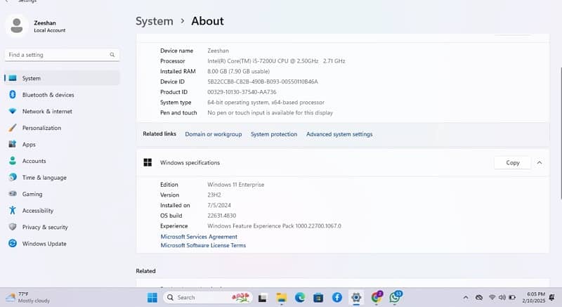 HP Probook core i5 7th 8 GB Ram, 250 SSD, 512 HDD
